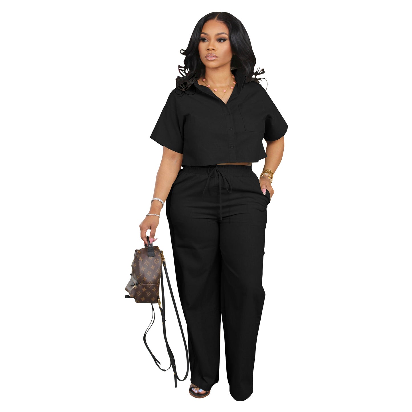 Women's Shirt Sleeve Two-piece Set Linen Leisure Office Suits
