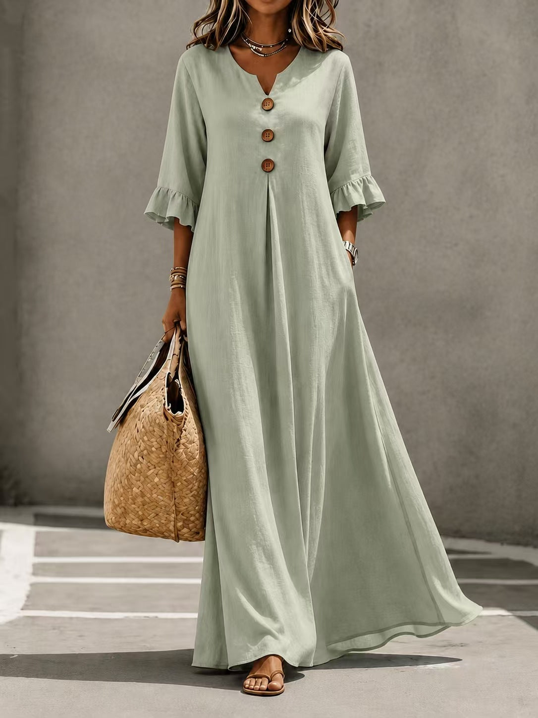 Women's Lotus Leaf Sleeve Pocket Long Fashion Dress