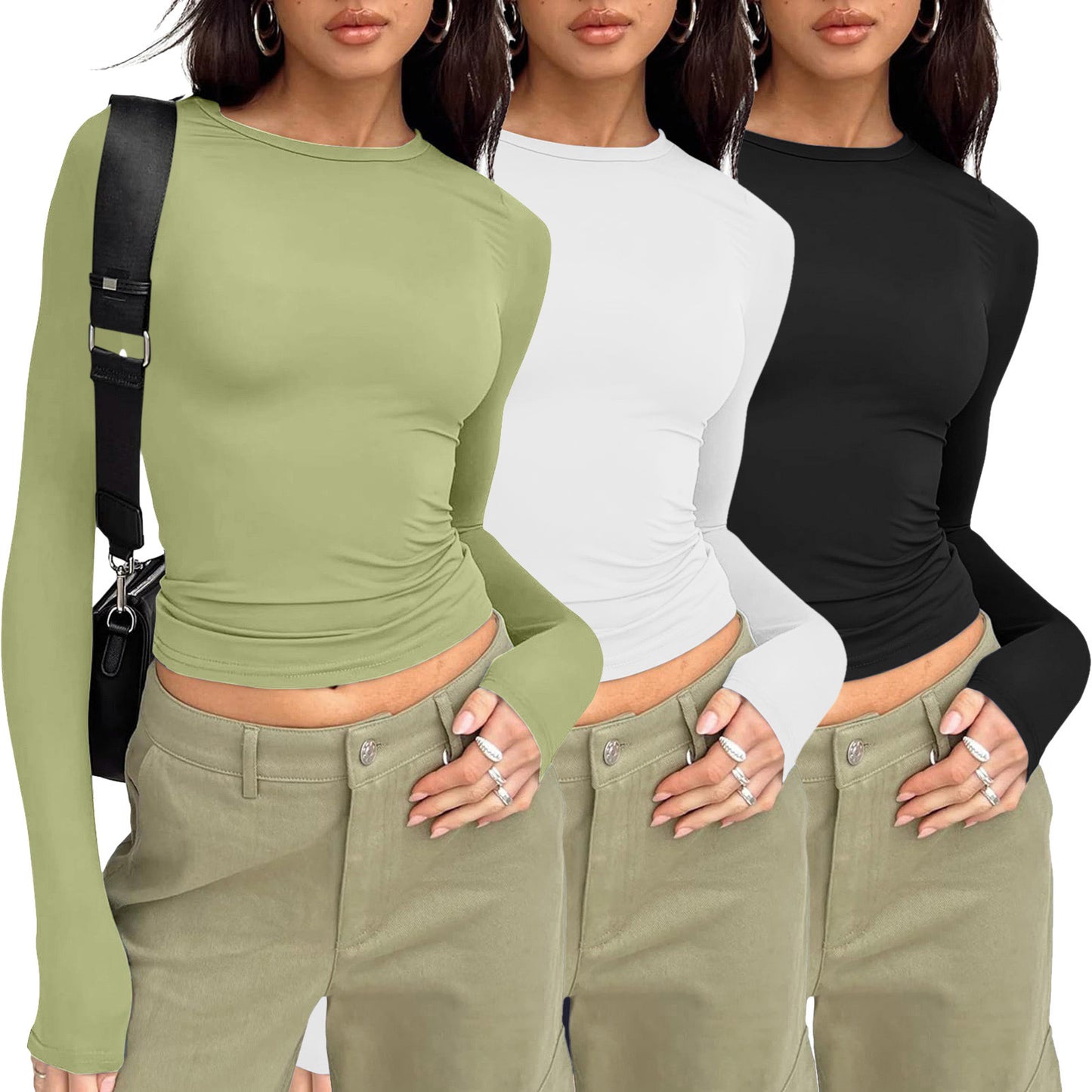 Women's Long-sleeved Solid Color Slim Pullover T-shirt Blouses