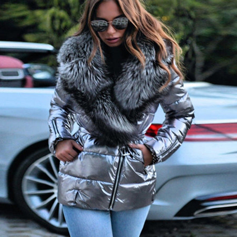Women's Glossy Big Fur Collar Long Sleeve Cotton Coats