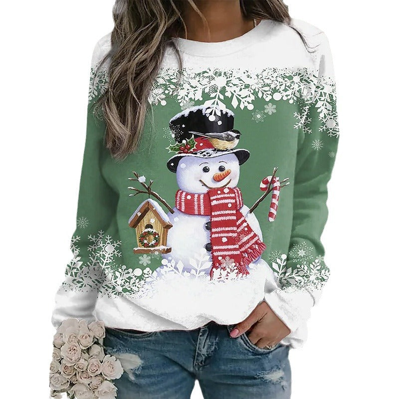 Women's Christmas Snowman Printed Long-sleeved Casual Loose Blouses