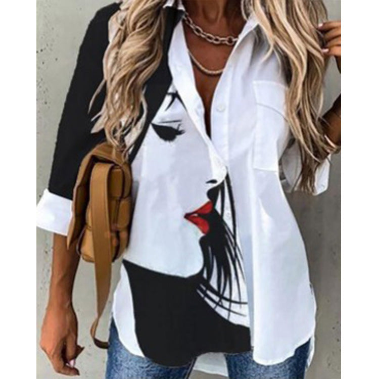 Women's Fashion Digital Printing Long Sleeve Shirt Blouses