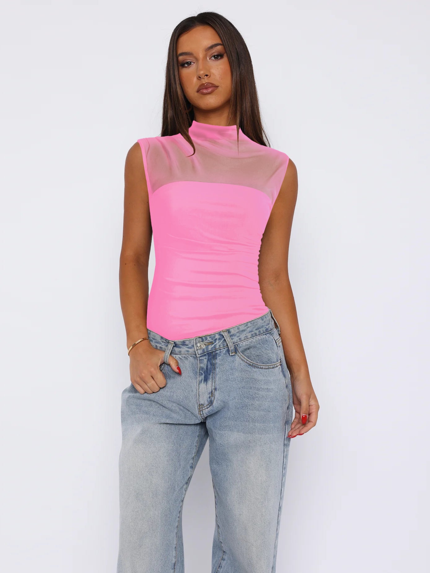 Women's Summer Half Collar Pure Color Mesh Tops