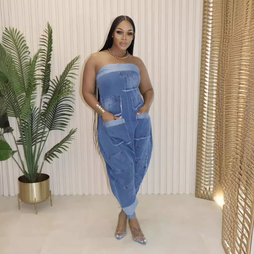 Denim Cargo Stitching Washed Loose Sleeveless Jeans