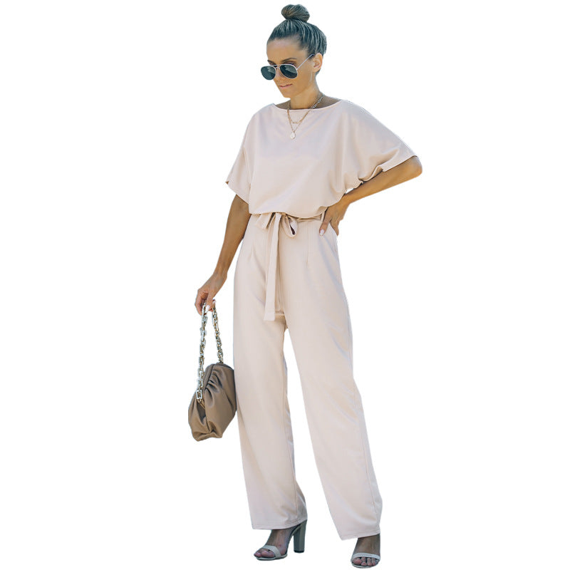 Women's Solid Color Round Neck Sleeves High Waist Wide Jumpsuits