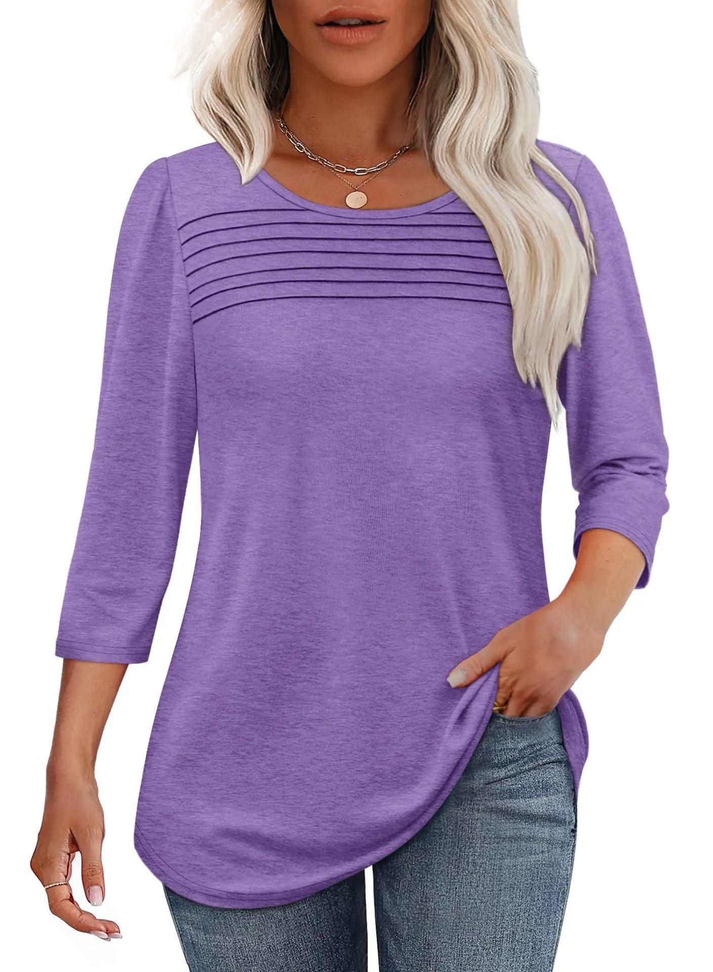Women's Round Neck Sleeves Chest Tuck Line Blouses