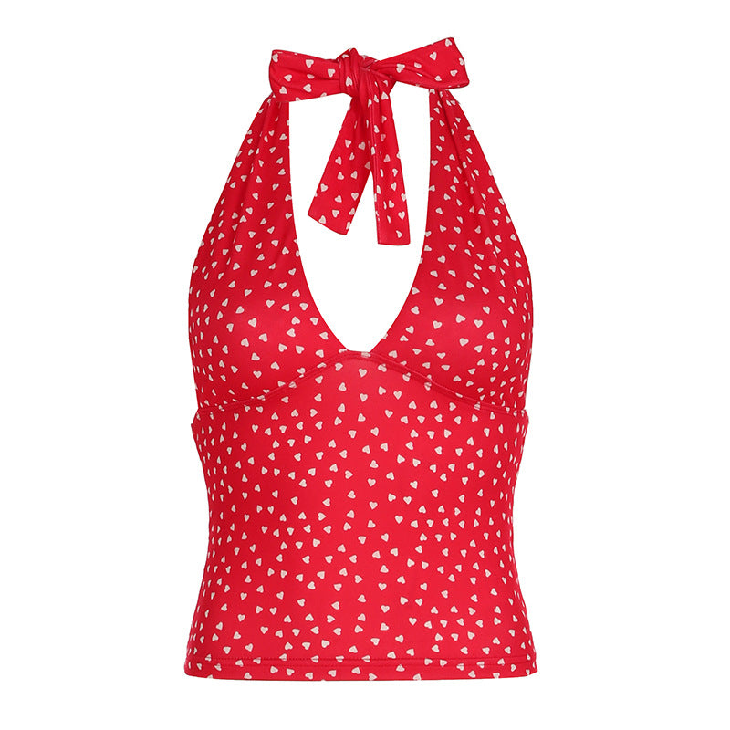 Style Sexy Polka Dot Print Deep V Halter Spaghetti Tops