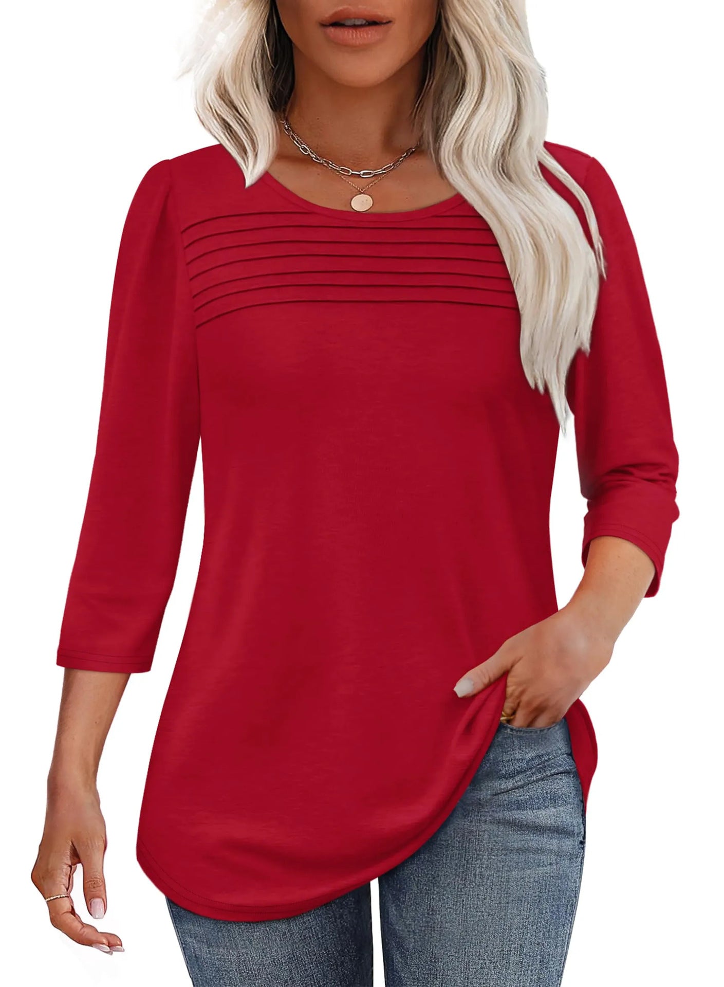 Women's Round Neck Sleeves Chest Tuck Line Blouses