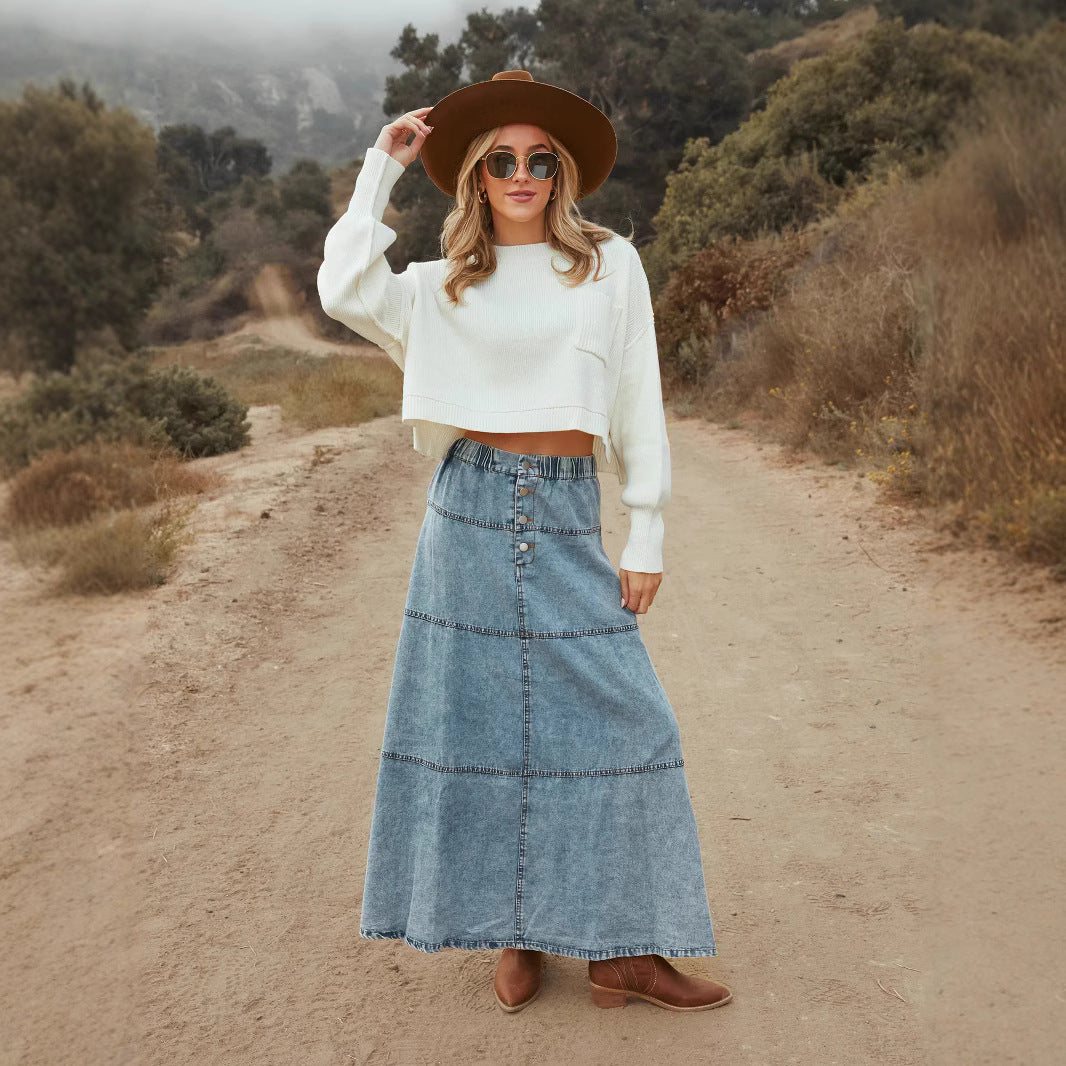 Women's Casual Bohemian Layered Stitching Denim Skirts