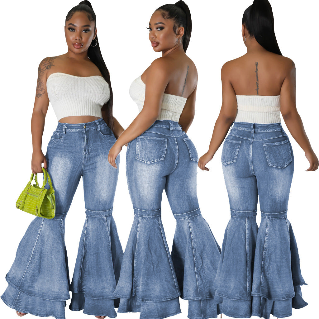 Casual Fashionable Washed Denim Stretch Flared Jeans