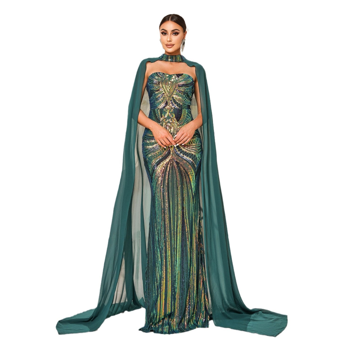 Women's Sleeve Sequined Banquet Cloak Fishtail Dress Dresses