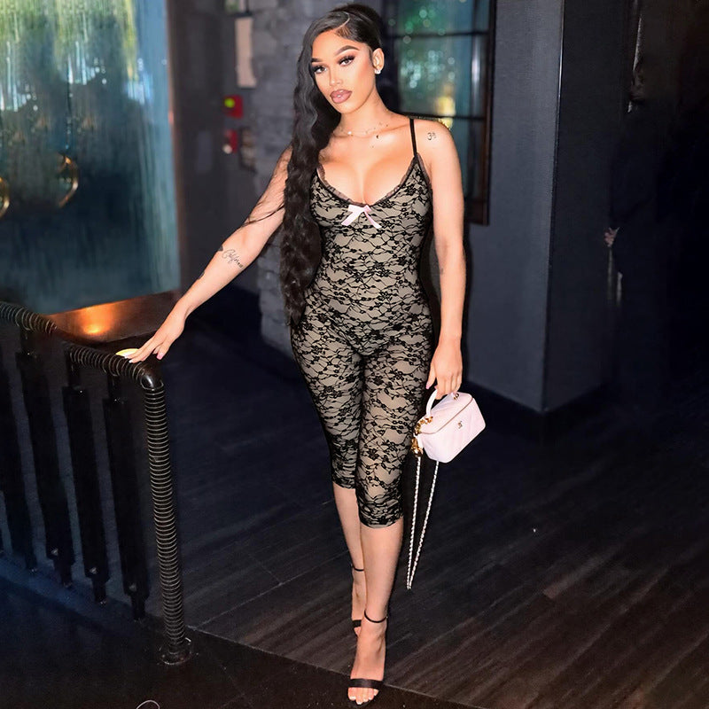 Women's Sexy Sling Lace Bow Tight One-piece Shorts