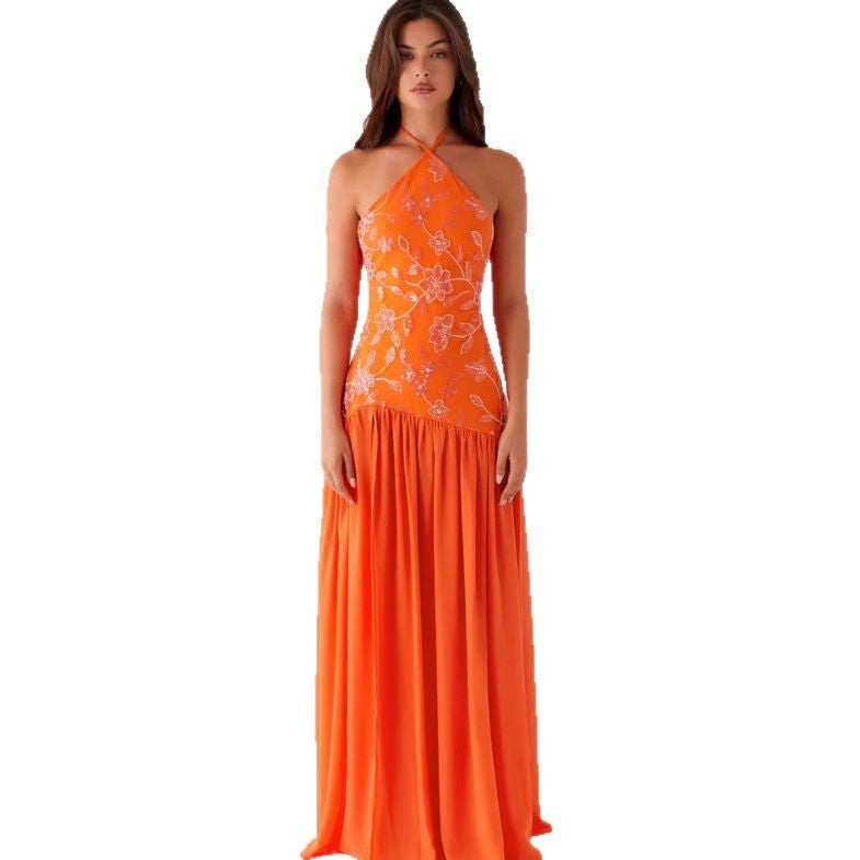 Women's Sequin Sequined Chiffon Stitching Halter Split Sexy Dresses