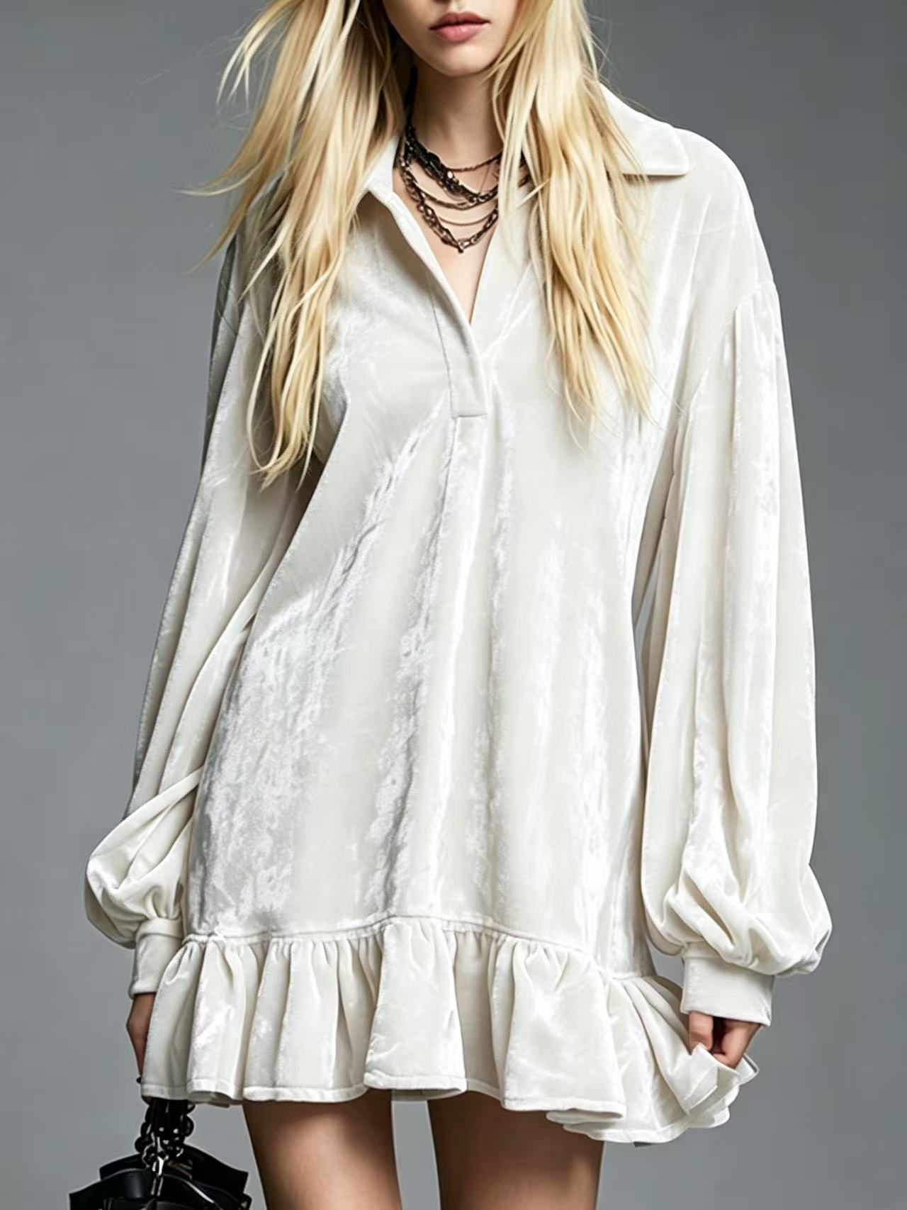 Women's Gentle Veet Lantern Sleeve Ruffled Lapel Dress