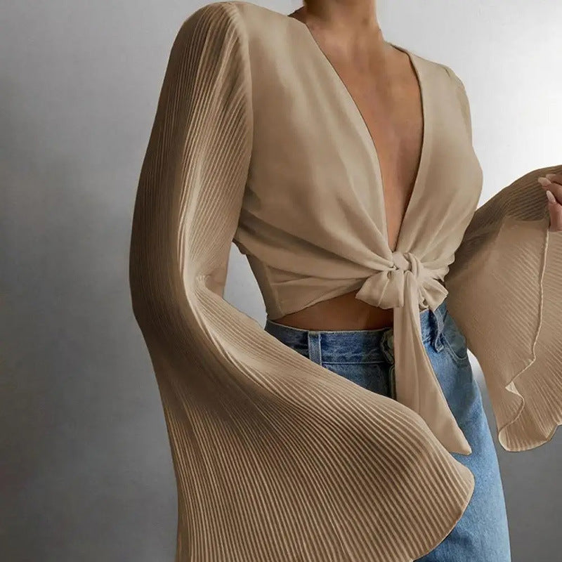 Mature Solid Color Pleated Extra Long Flare Sleeve Slim Blouses