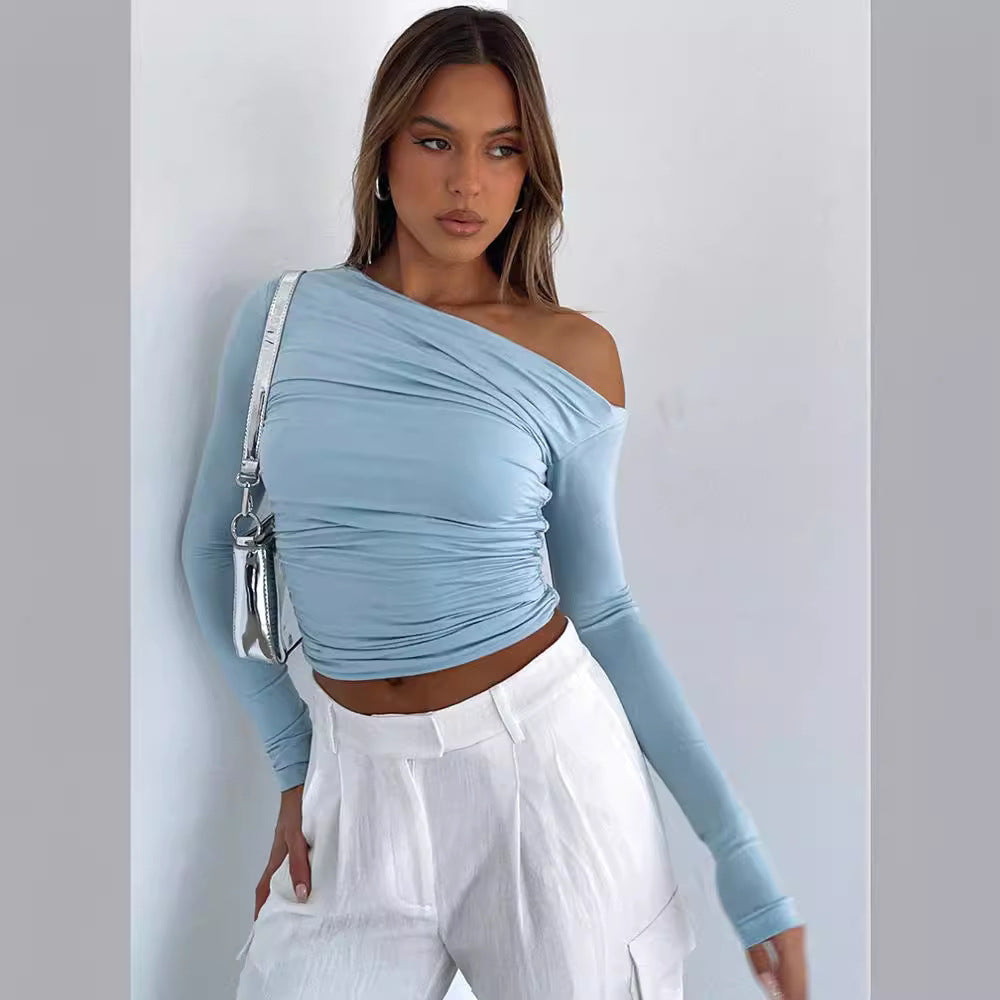 Women's Shoulder Asymmetric Solid Color Long Sleeve Tops
