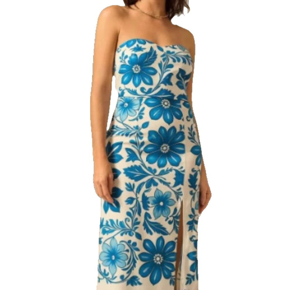 Stylish Summer Printed Chest Wrap Slit Dress
