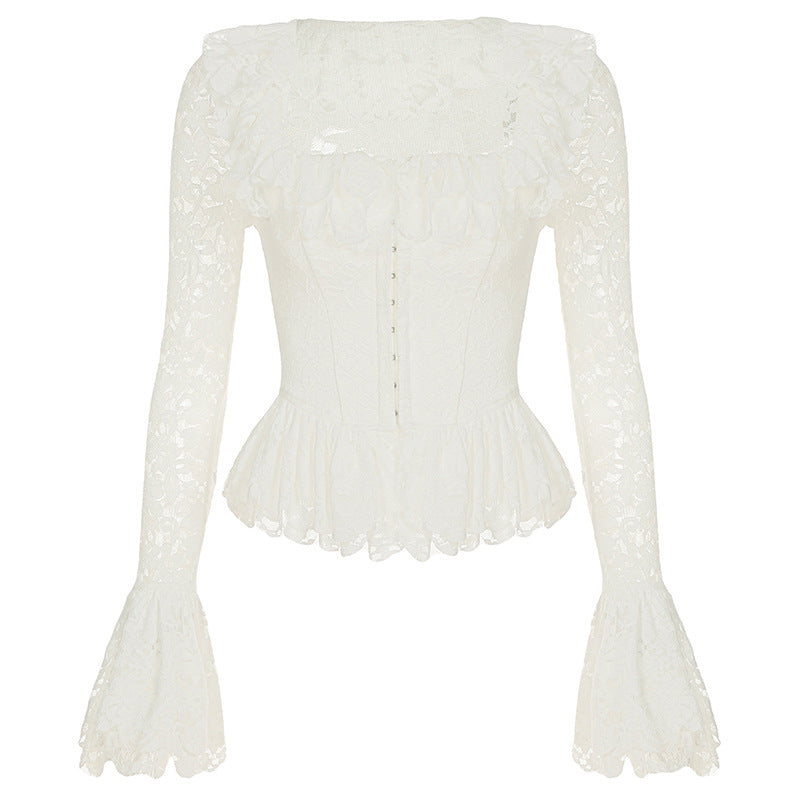 Women's Collar Bell Sleeve Lace Shirt Sweet Dignified Sense Blouses