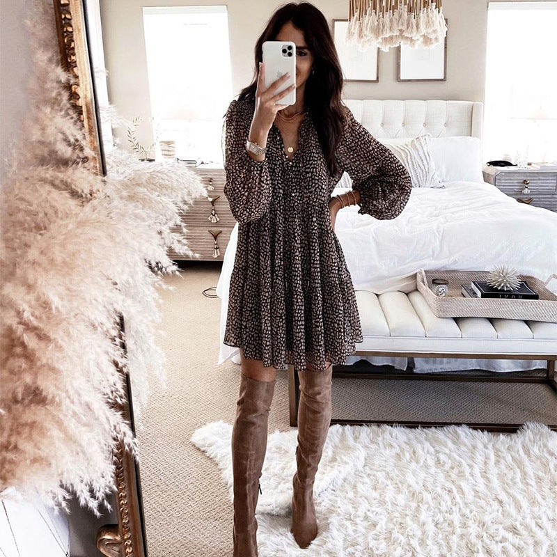 Women's Spring Loose Leopard Print Lantern Sleeve Dresses