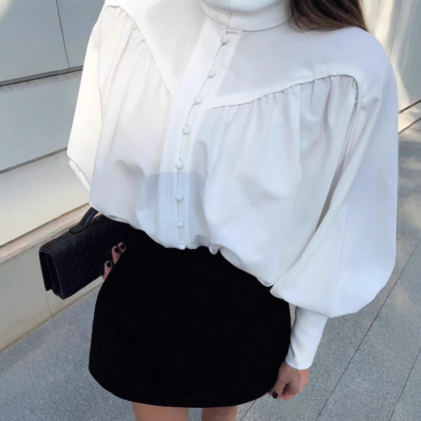 Women's French Fashion Elegant White Stand-up Collar Puff Sleeve Shirt Blouses