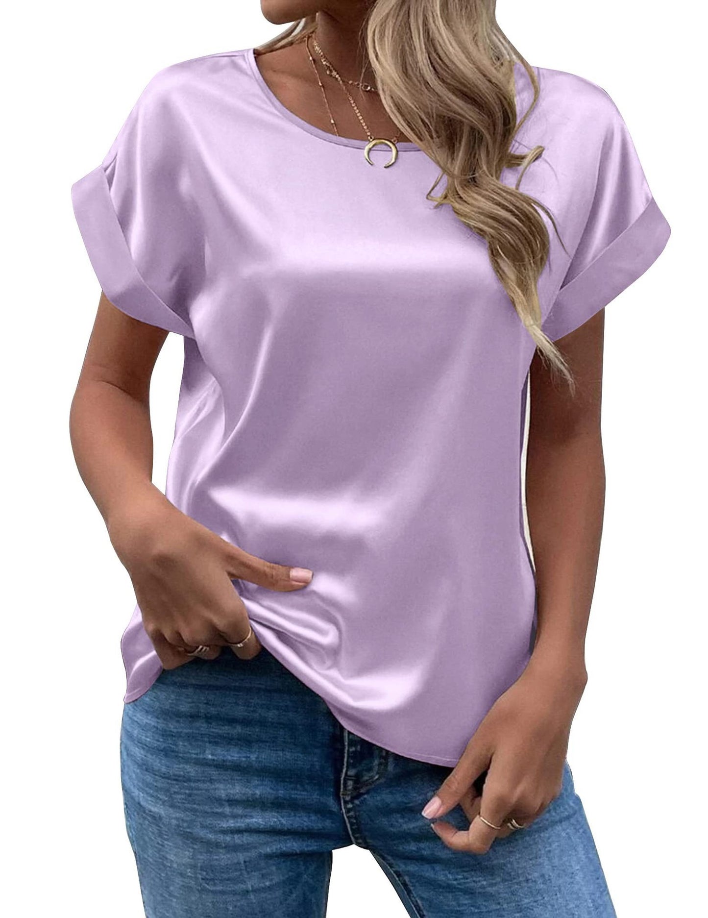 Women's Summer Elegant Satin Pullover Round Neck Blouses