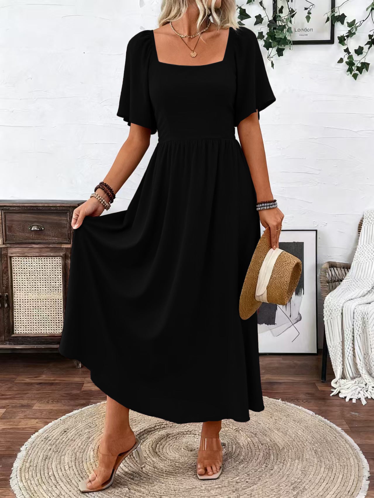 Bohemian Style Square Collar Elegant Generous Dress
