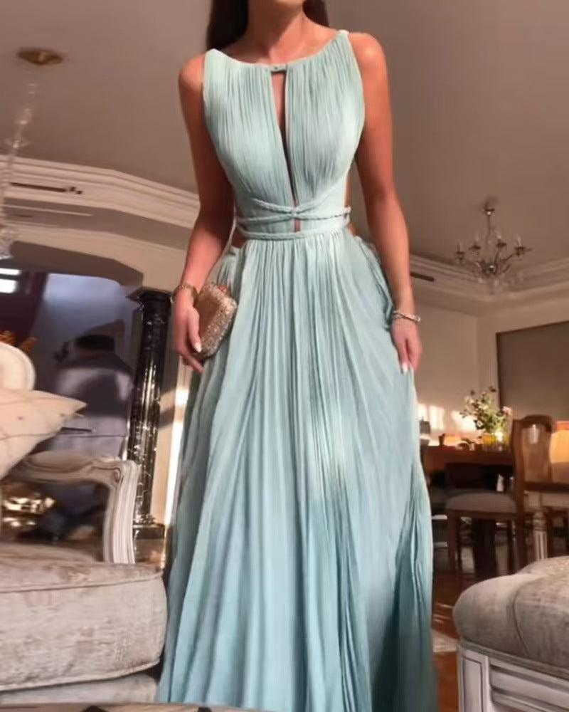 Summer Pleated Tie Sleeveless Backless Solid Dresses