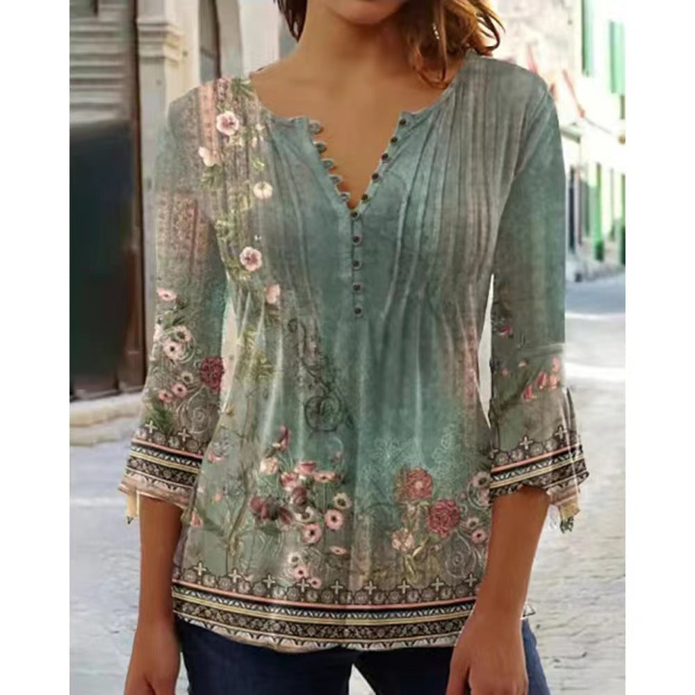 Women's Digital Printing Button T-shirt Flared Sleeves Clothing