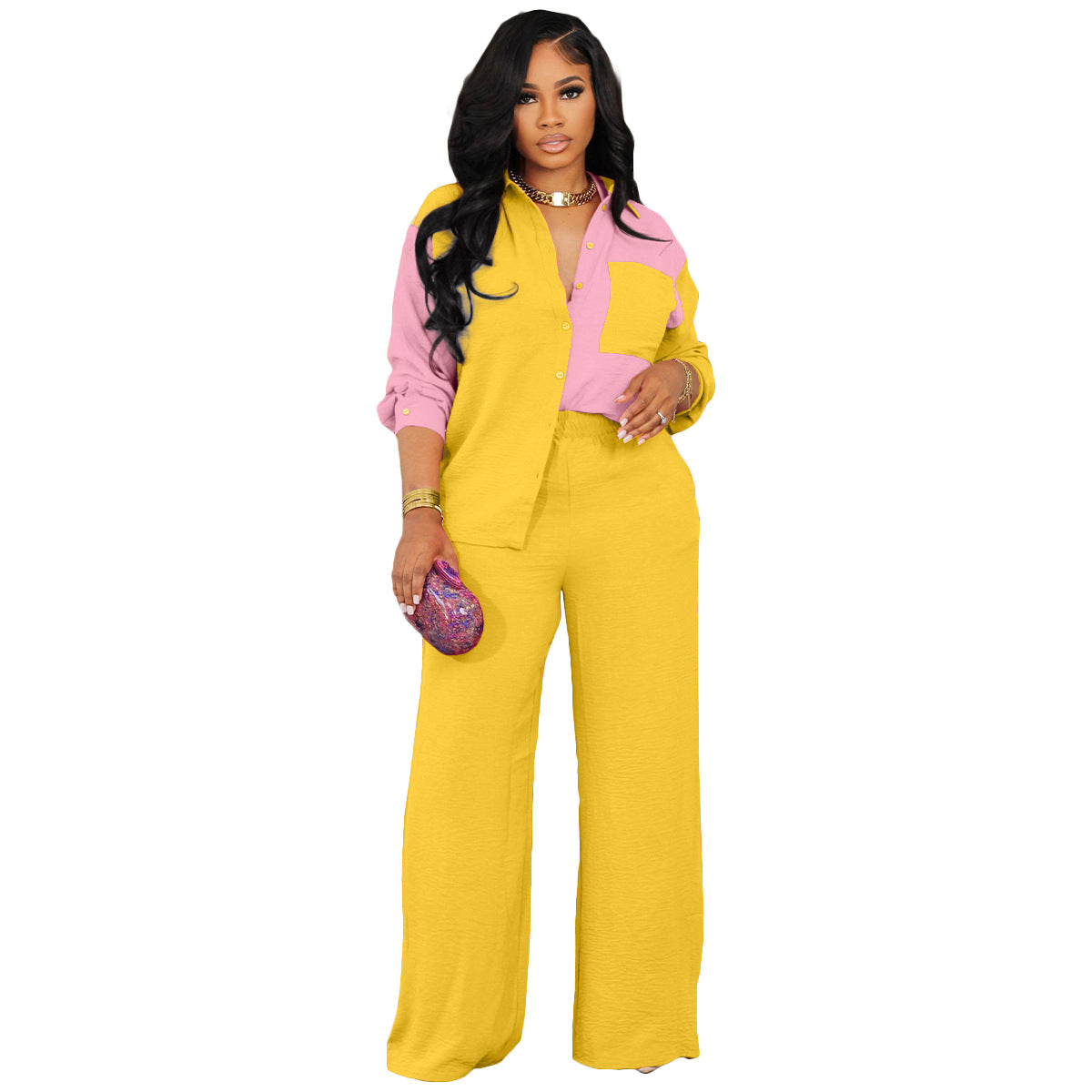Women's Color Matching Pocket Casual Shirt Two-piece Suits