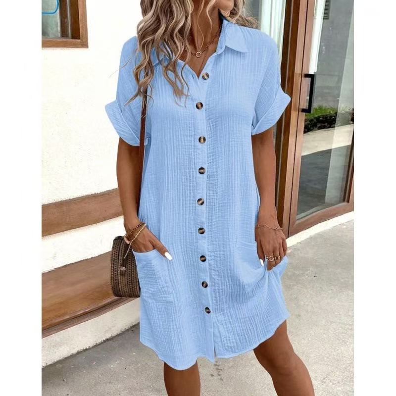 Women's Casual Solid Color Cotton Linen Breasted Mid-length Sleeve Clothing