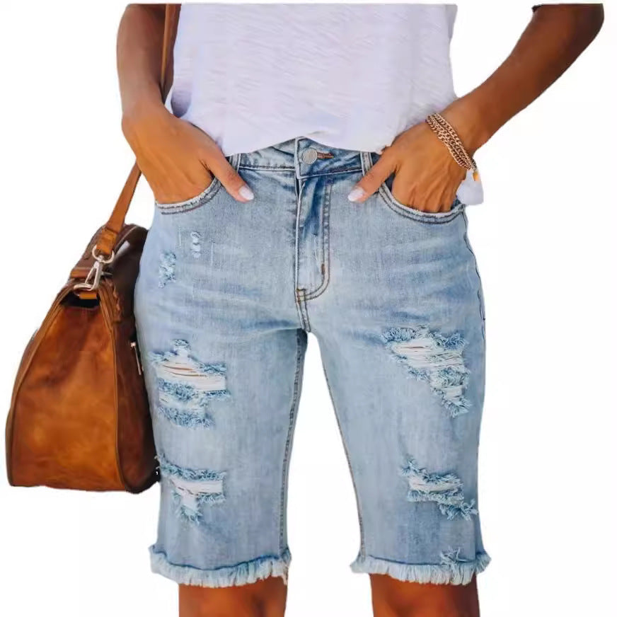 Women's Summer Water Washed Hole Cotton Denim Jeans