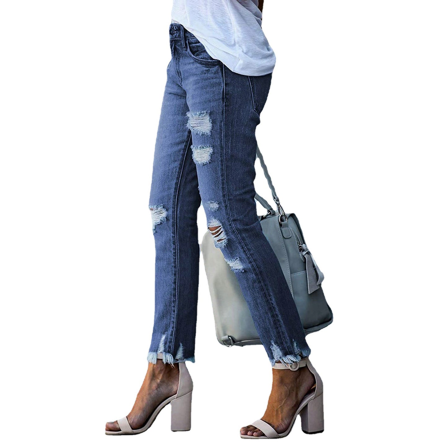 Women's Tight-fitting Solid Color Denim With Hole Jeans