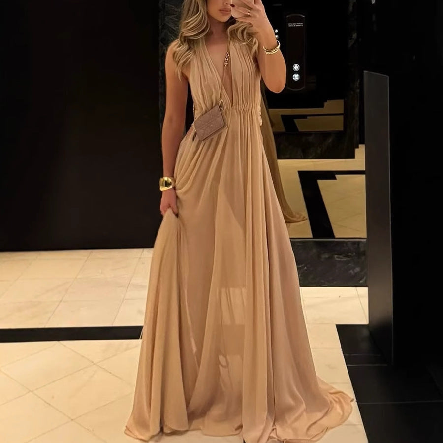 Women's Summer Deep Long Dress Pleated Halter Dresses