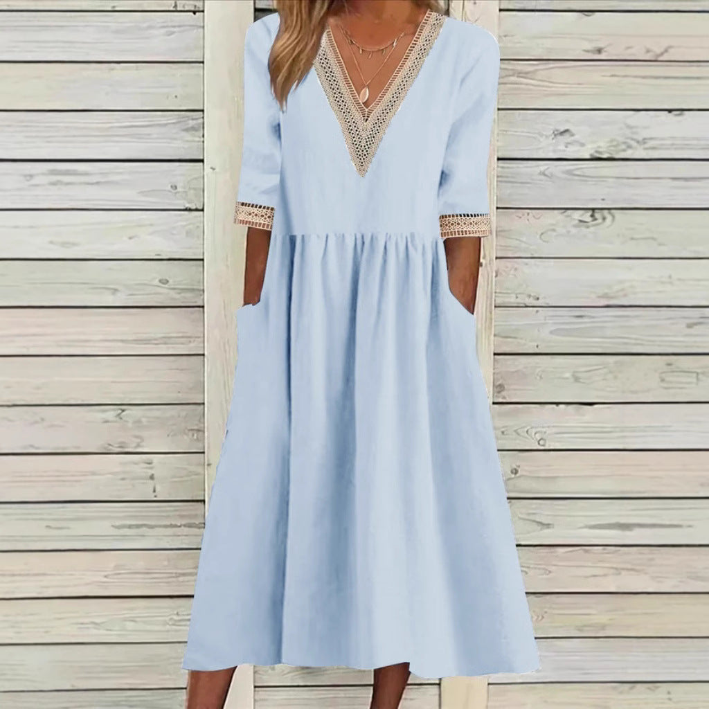 Women's Loose Cotton Linen Lace Collar Half Dresses
