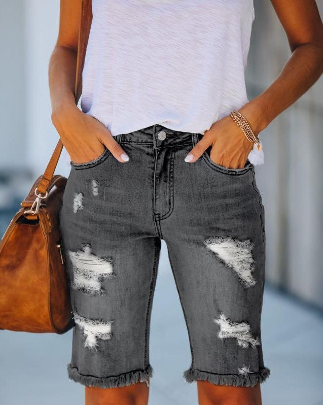 Women's Summer Water Washed Hole Cotton Denim Jeans