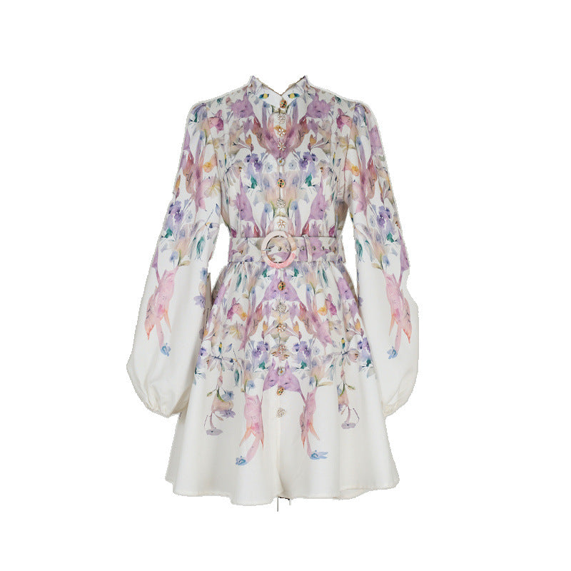 Design High Version Single-breasted Stand-up Collar Puff Sleeve Dresses