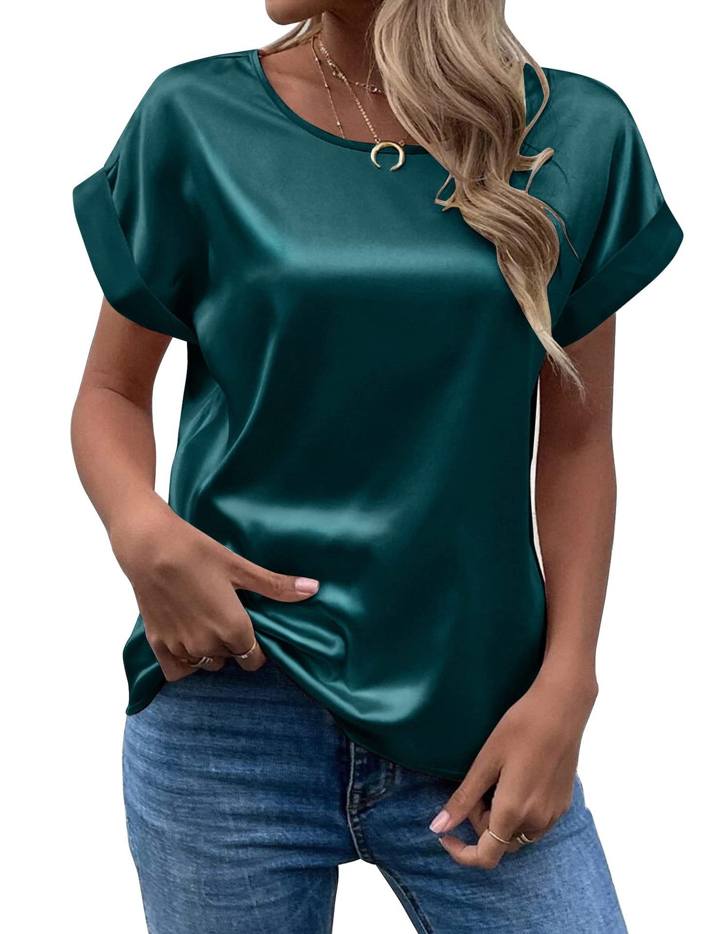 Women's Summer Elegant Satin Pullover Round Neck Blouses