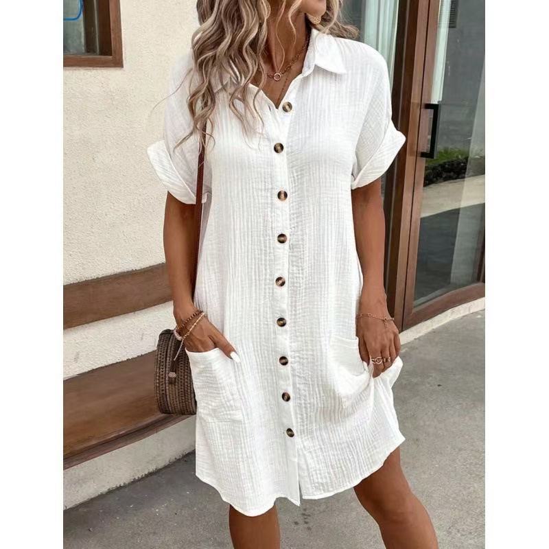 Women's Casual Solid Color Cotton Linen Breasted Mid-length Sleeve Clothing