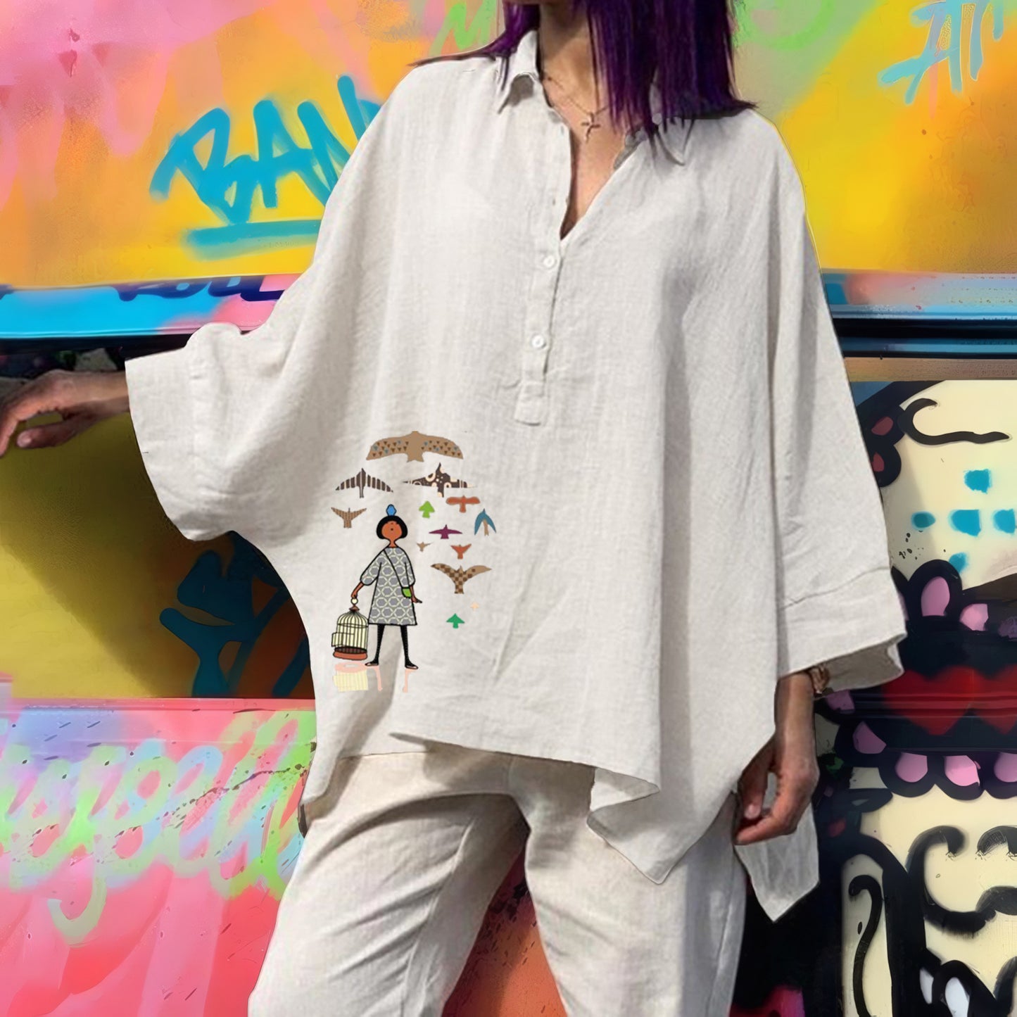Women's Batwing Loose Cotton Linen Casual Blouses