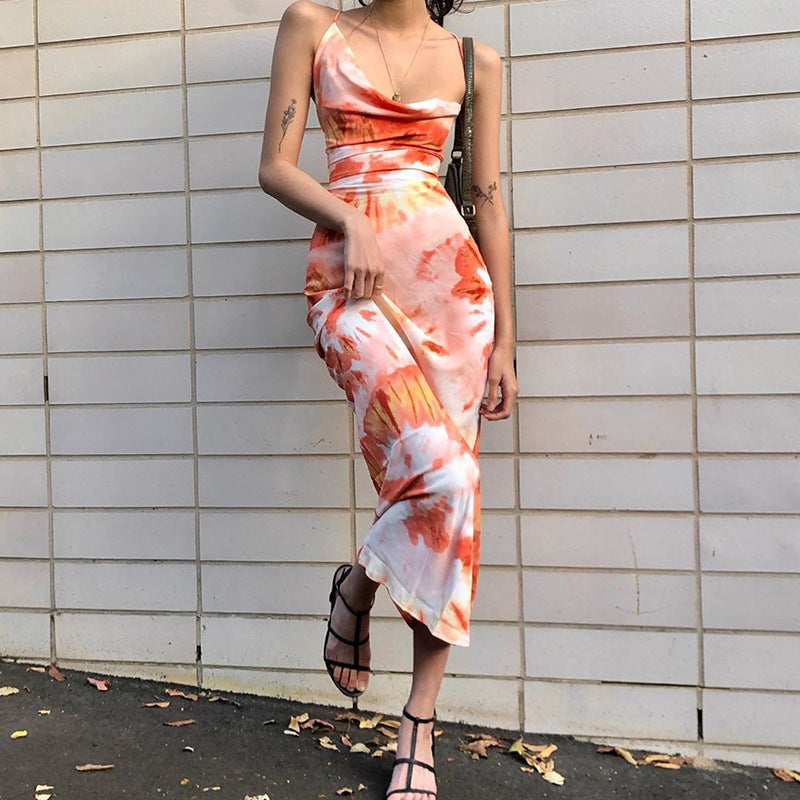Women's Summer Print Backless Lace Up Long Dresses
