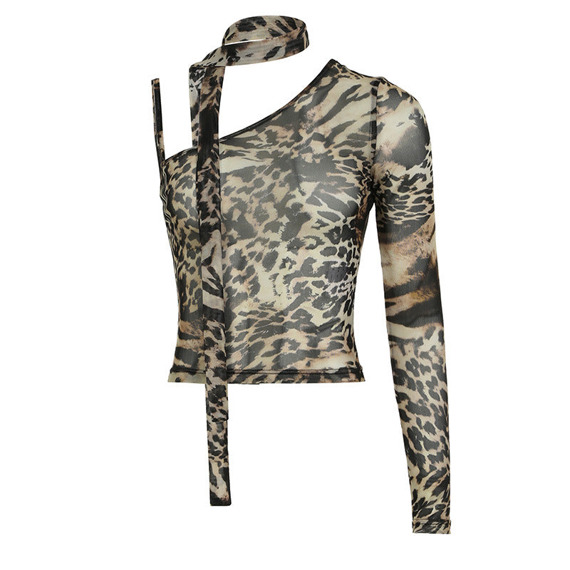 Light Leopard Print Mesh American Hot Street Sexy Blouses