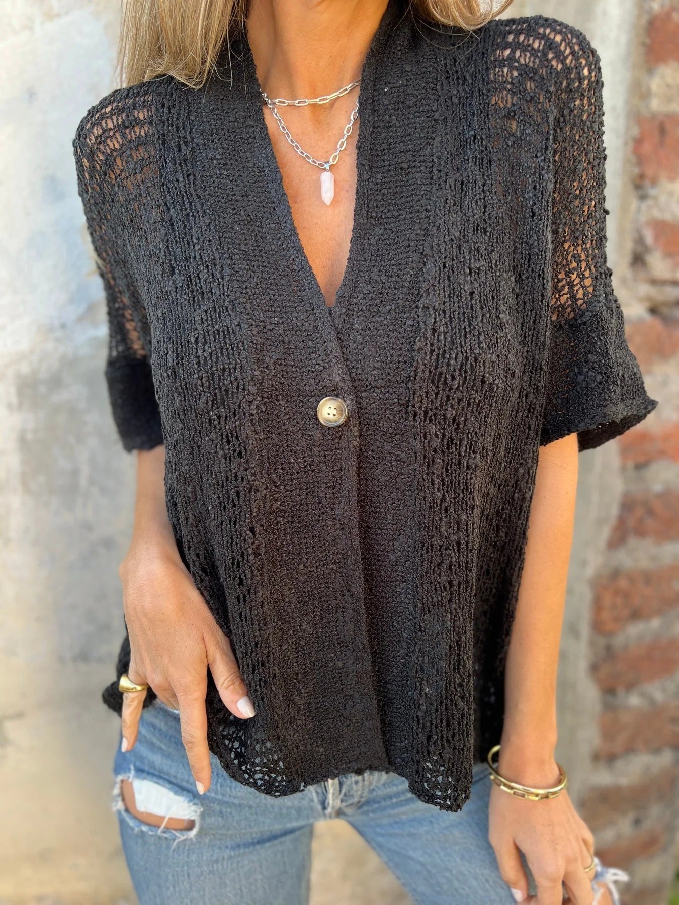 Women's One Button Half Sleeve Hollow Out Women's Sweater