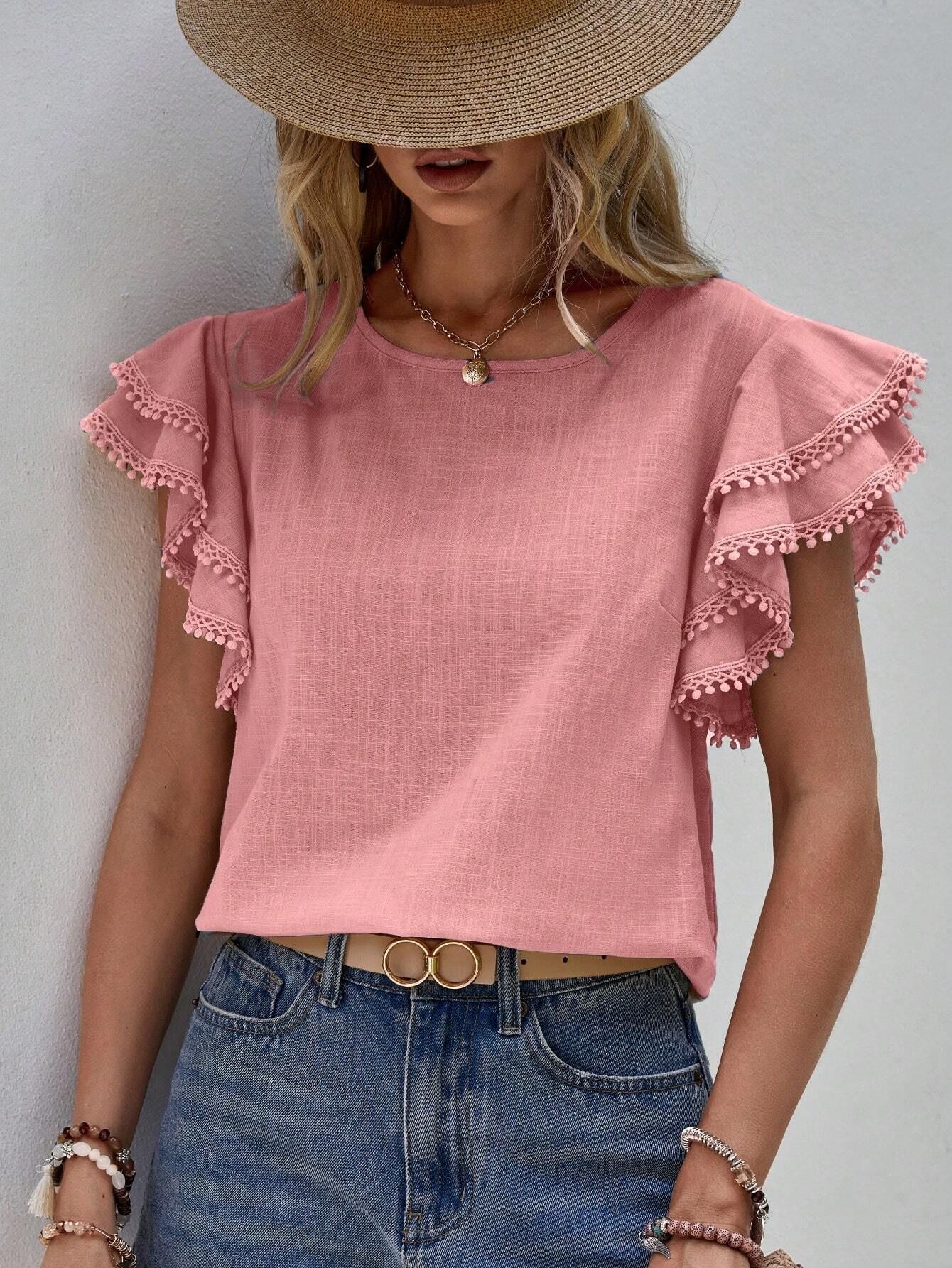 Women's Neck Summer Loose Shirt Lotus Leaf Batwing Tops