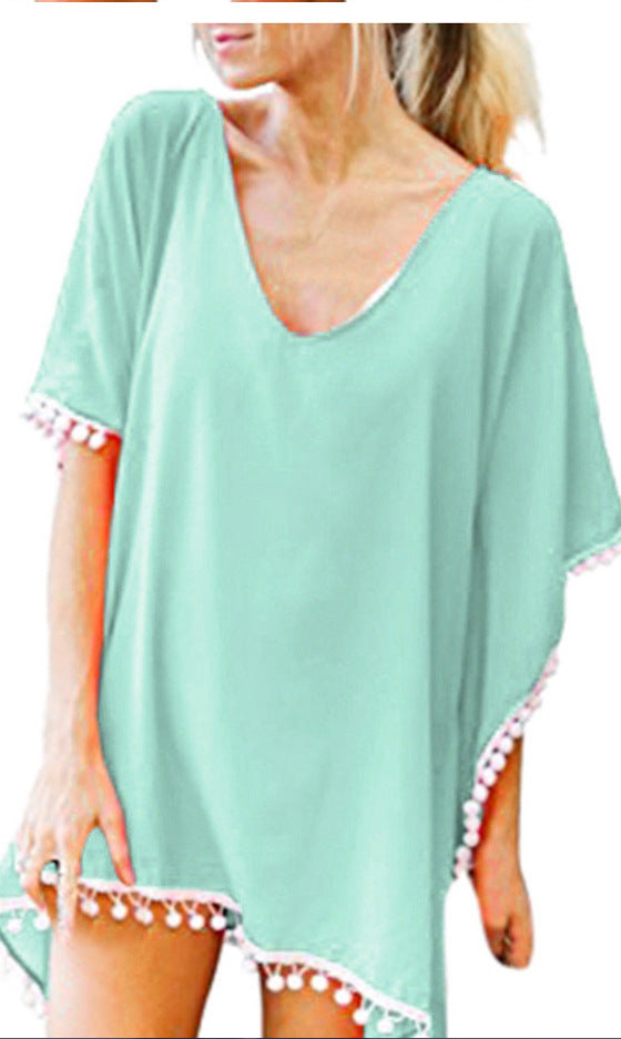 Tassel Small White Ball Chiffon Beach Blouses