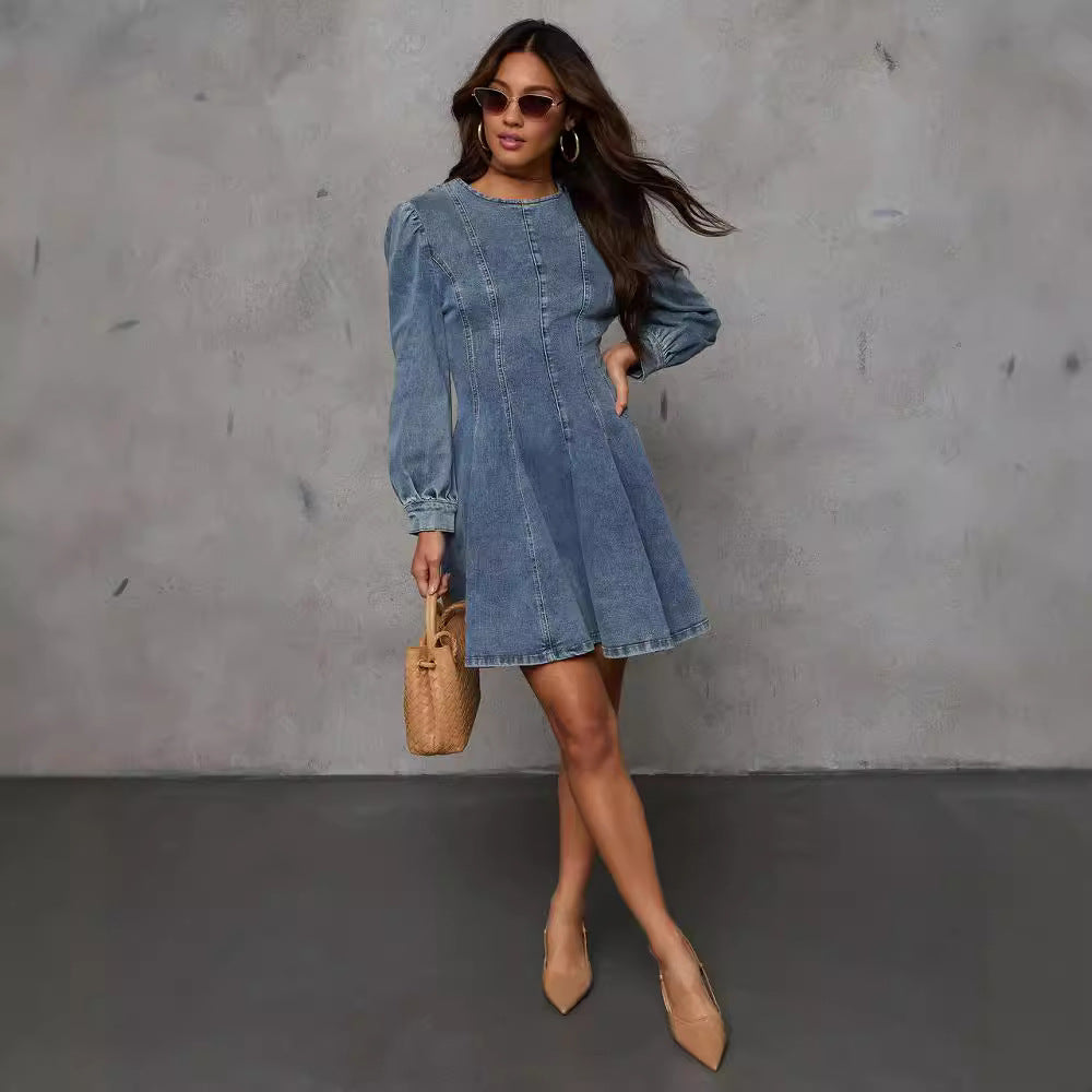 Women's Autumn Elegant Patchwork Denim Long Sleeve Dresses