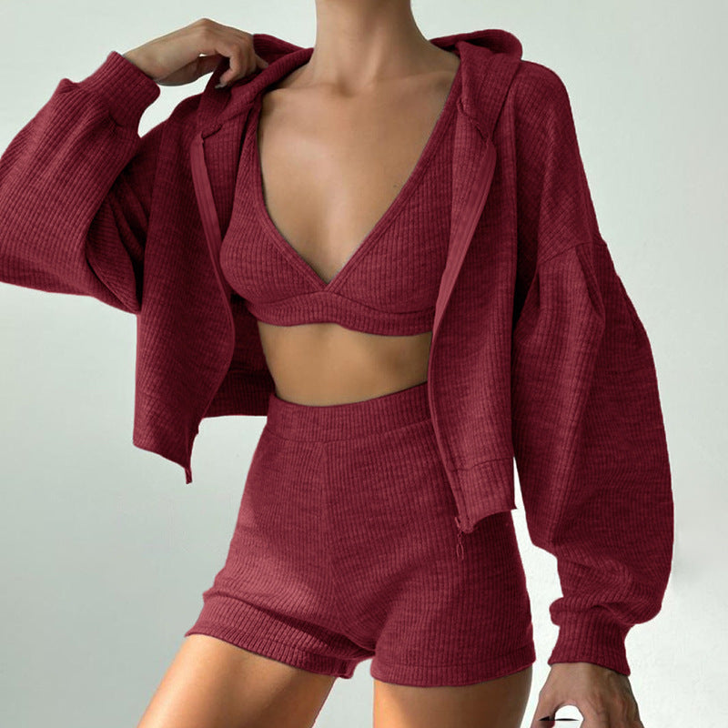 Women's Hot Sports Zipper Hooded Autumn Comfortable Three-piece Shorts