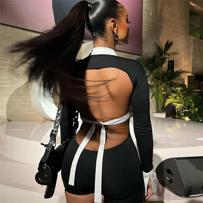Women's Fashion Polo Collar Sexy Backless Contrast Color Suits