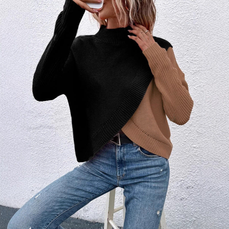 Women's Turtleneck Knitted Asymmetric Cross Hem Loose Slimming Long Sweaters