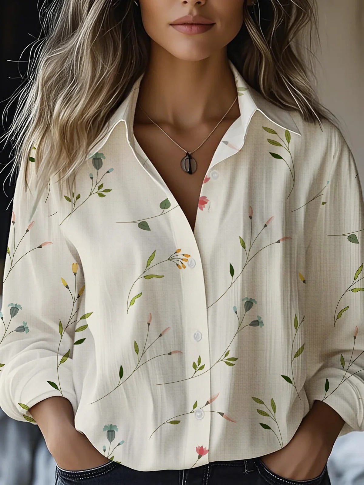 Printed Long-sleeved Shirt Imitation Cotton Linen Blouses