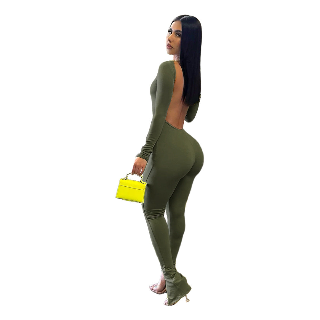 Women's Finger Stall Clothes Solid Color Backless Slit Jumpsuits